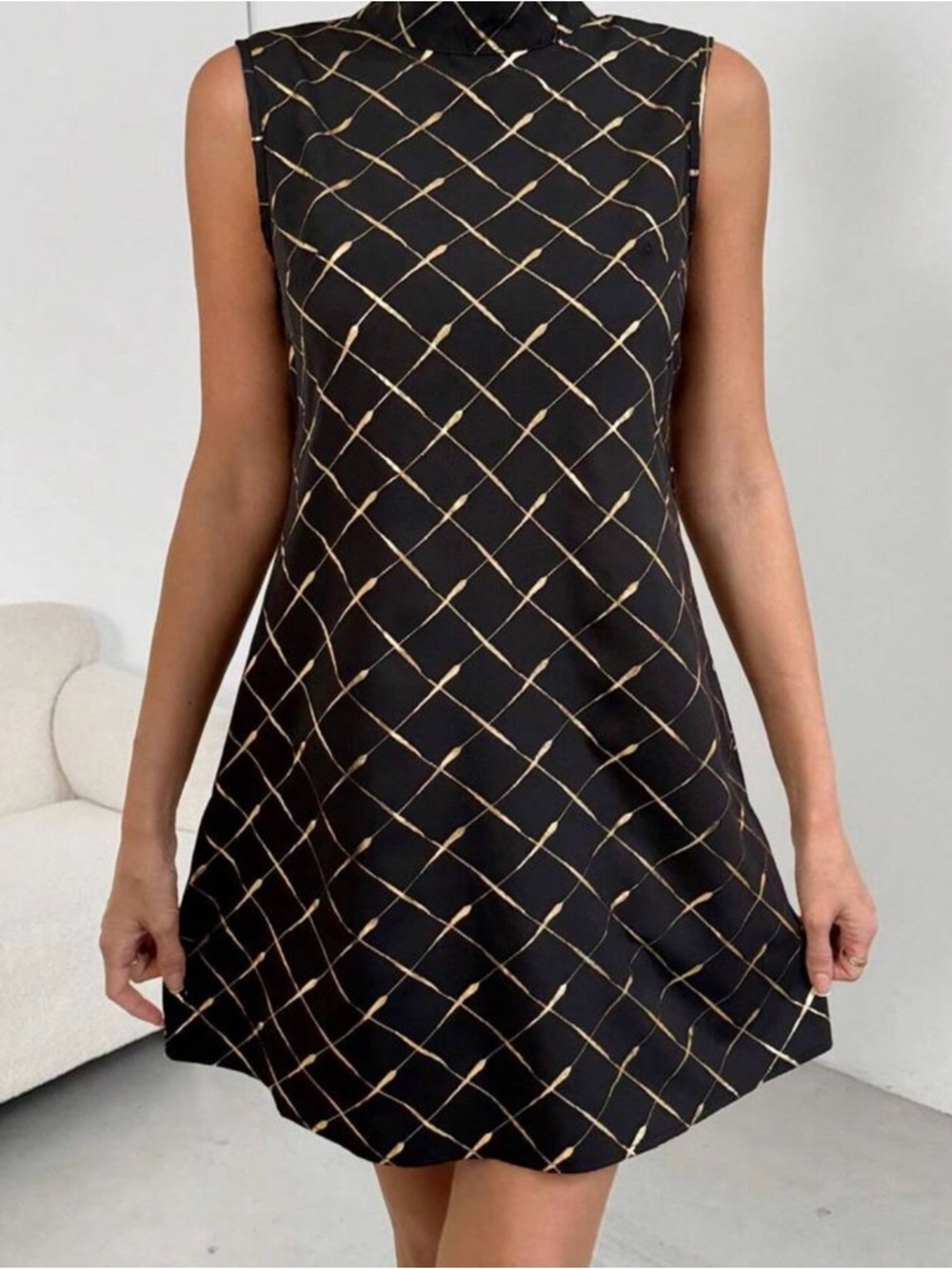 SHEIN Black Sleeveless Mini Dress with Gold Lattice